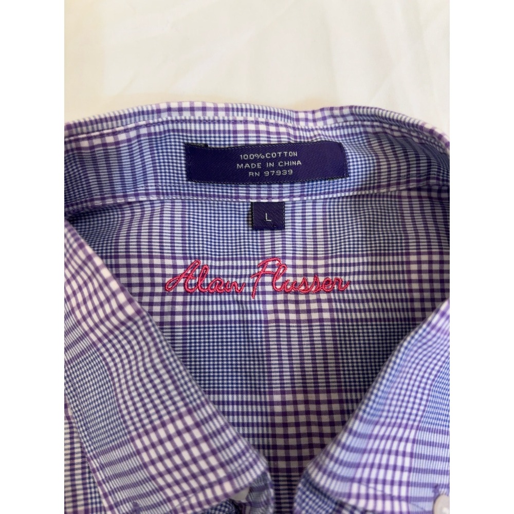 Alan Flusser Mens Purple White Plaid Cotton Button Down Shirt Large L LongSleeve